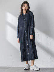 配色ステッチシャンブレーサイドプリーツワンピース≪手洗い可能≫