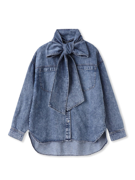 ボウタイ付きデニムシャツ≪洗濯機で洗える≫