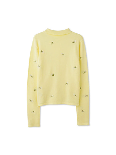 フラワー刺繍ポロニットトップス