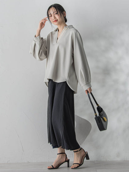 【WEB限定】パウダーストレッチ合わせネックブラウス≪手洗い可能≫