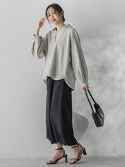 【WEB限定】パウダーストレッチ合わせネックブラウス≪手洗い可能≫