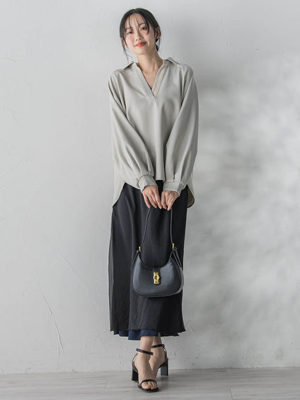 【WEB限定】パウダーストレッチ合わせネックブラウス≪手洗い可能≫