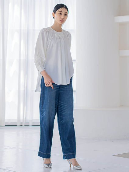 マイクロピーチボリュームスリーブブラウス≪洗濯機で洗える≫