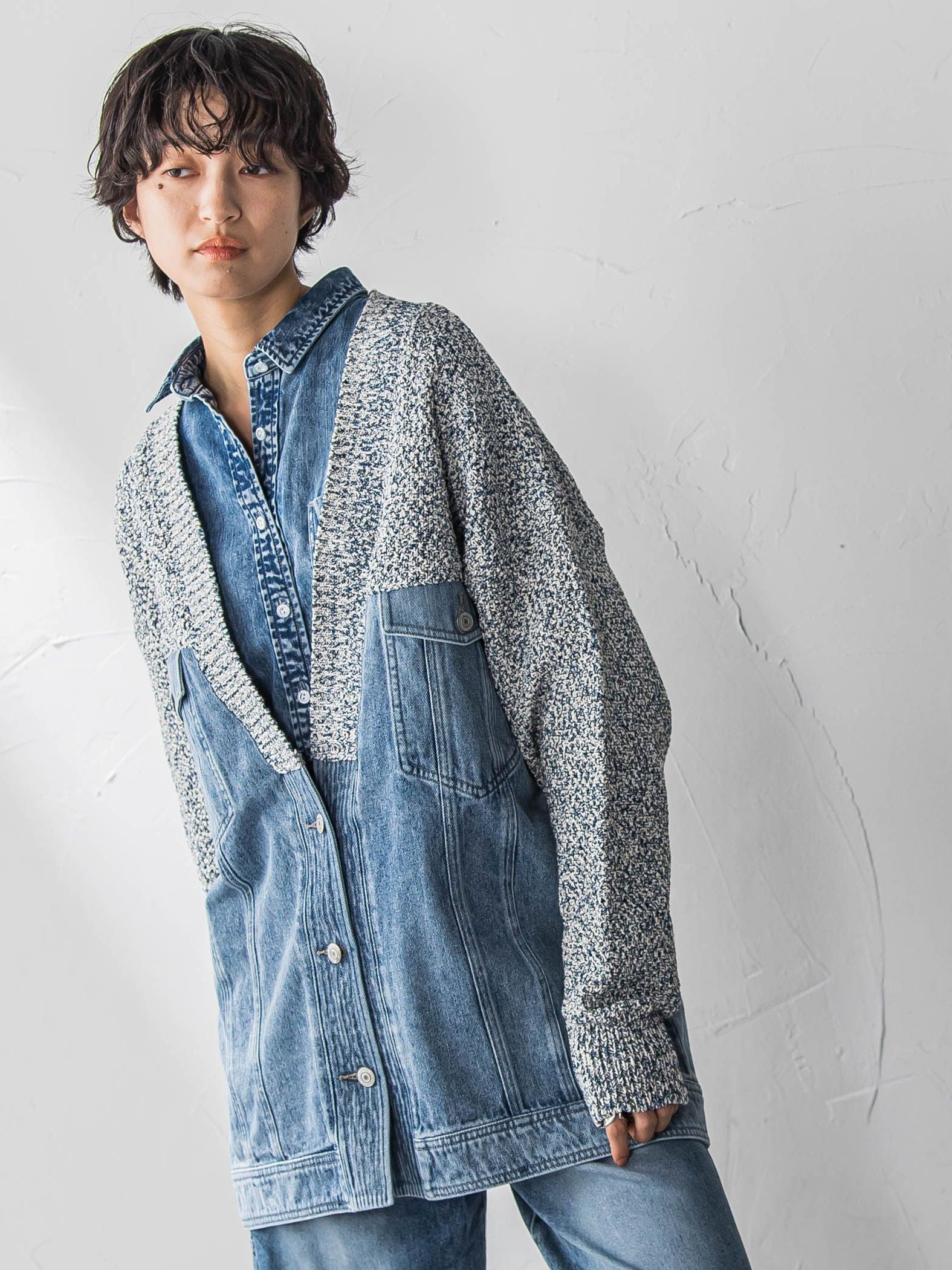 デニムドッキングニットカーディガン≪洗濯機で洗える≫