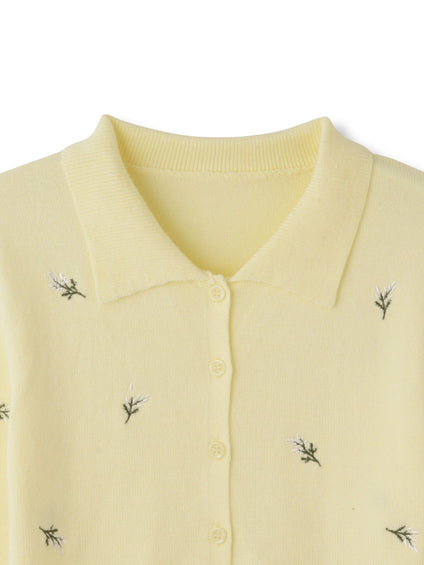 フラワー刺繍ポロニットトップス