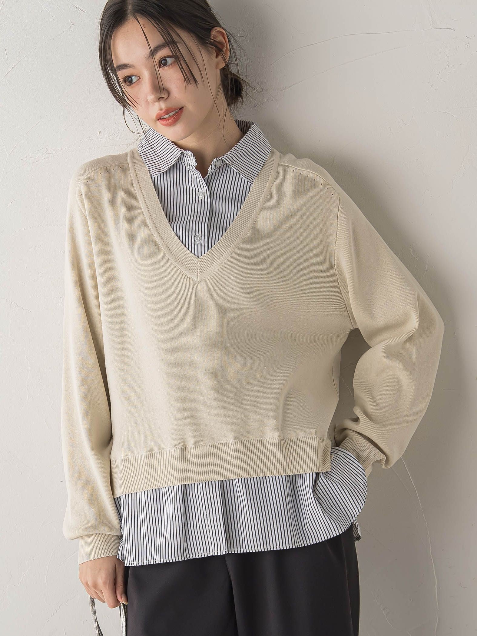 【WEB限定】Vネックブラウス切替えプルオーバー≪手洗い可能≫