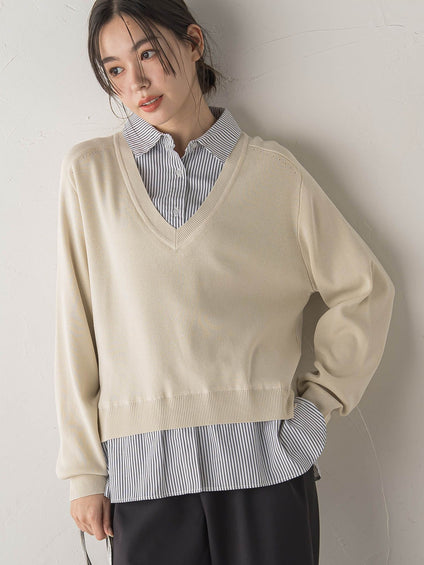 【WEB限定】Vネックブラウス切替えプルオーバー≪手洗い可能≫