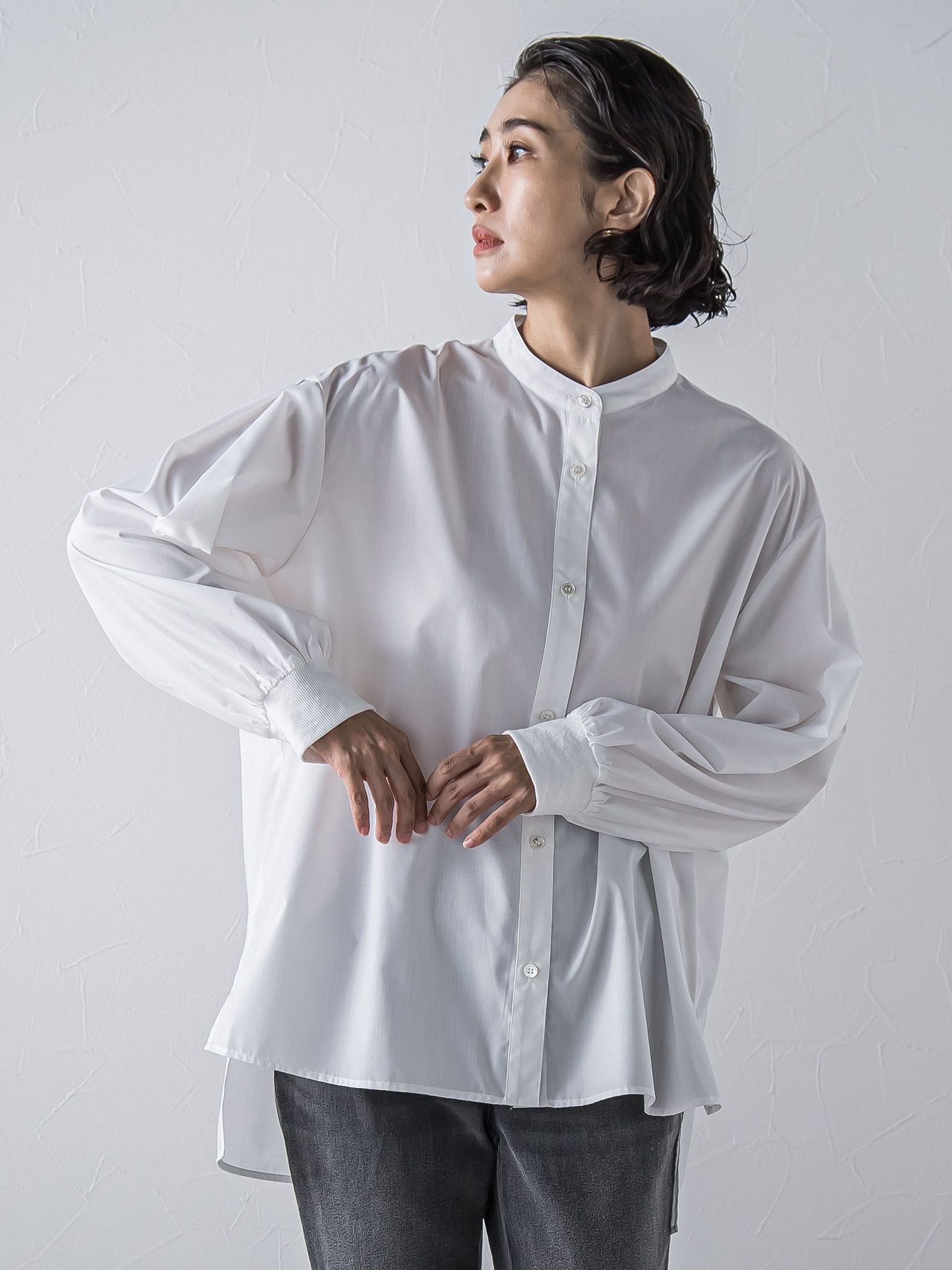 【大きいサイズ】【biyori/極】”こなれ袖がポイント”バンドカラーシャツ