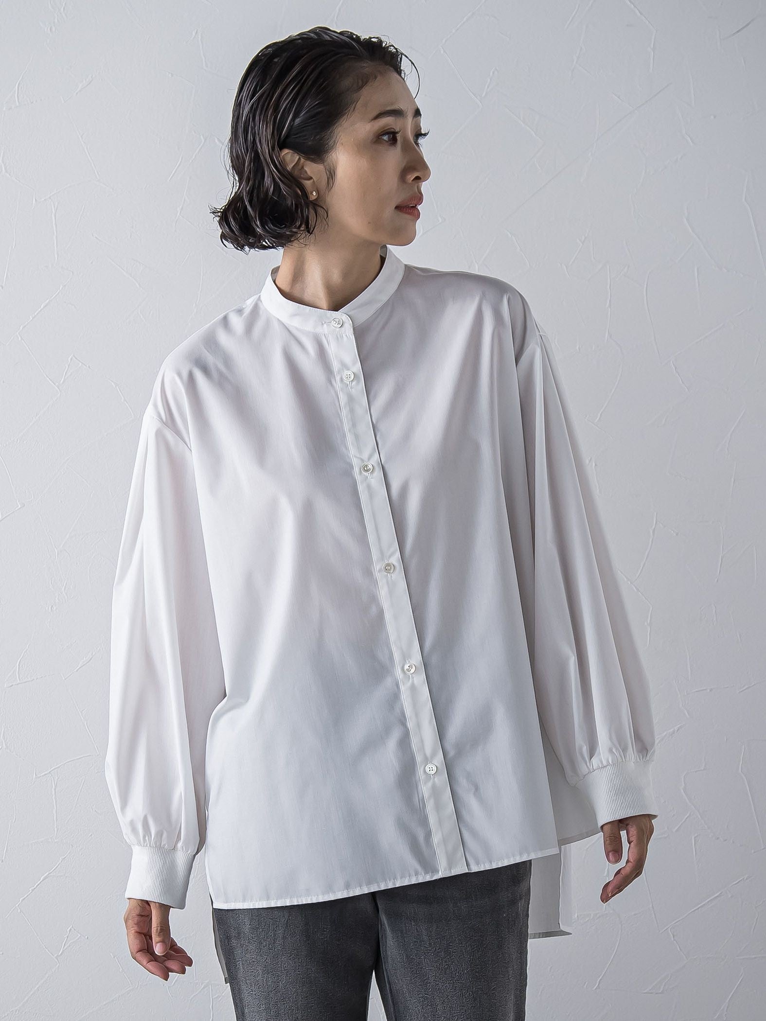 【大きいサイズ】【biyori/極】”こなれ袖がポイント”バンドカラーシャツ