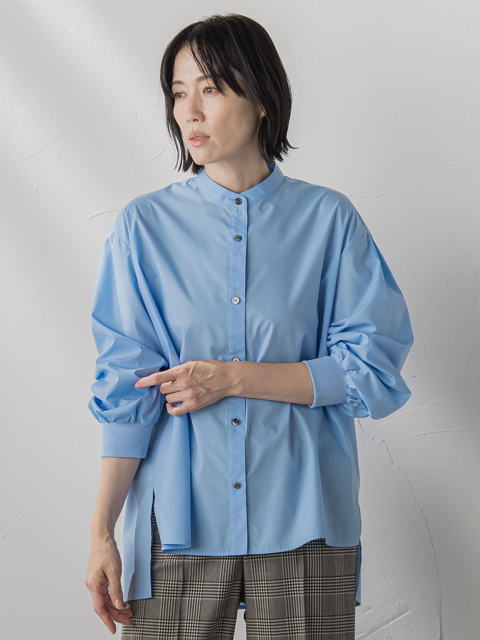 【大きいサイズ】【biyori/極】”こなれ袖がポイント”バンドカラーシャツ