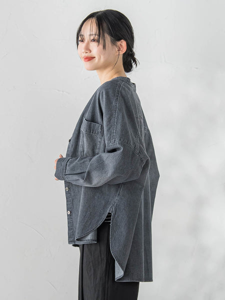 バンドカラーデニムシャツ≪洗濯機で洗える≫