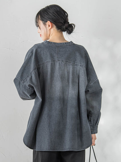 バンドカラーデニムシャツ≪洗濯機で洗える≫