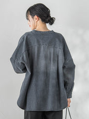 バンドカラーデニムシャツ≪洗濯機で洗える≫