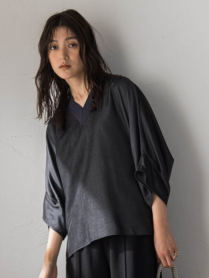 シャンブレーワイドスリーブVネックブラウス