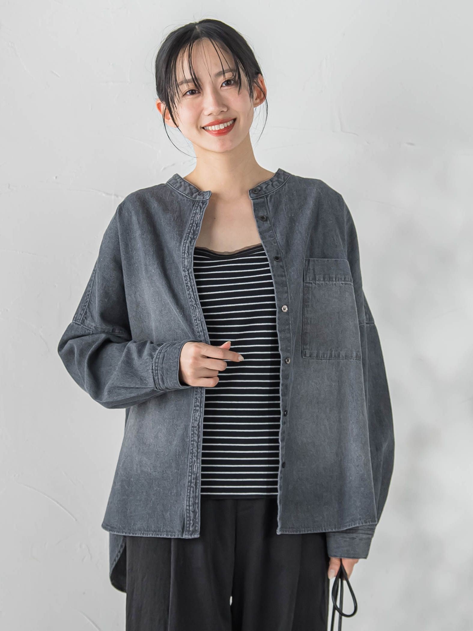 バンドカラーデニムシャツ≪洗濯機で洗える≫