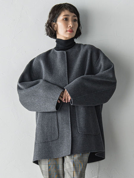 【大きいサイズ】ノーカラーウールリバーコート