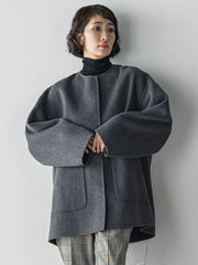 【大きいサイズ】ノーカラーウールリバーコート