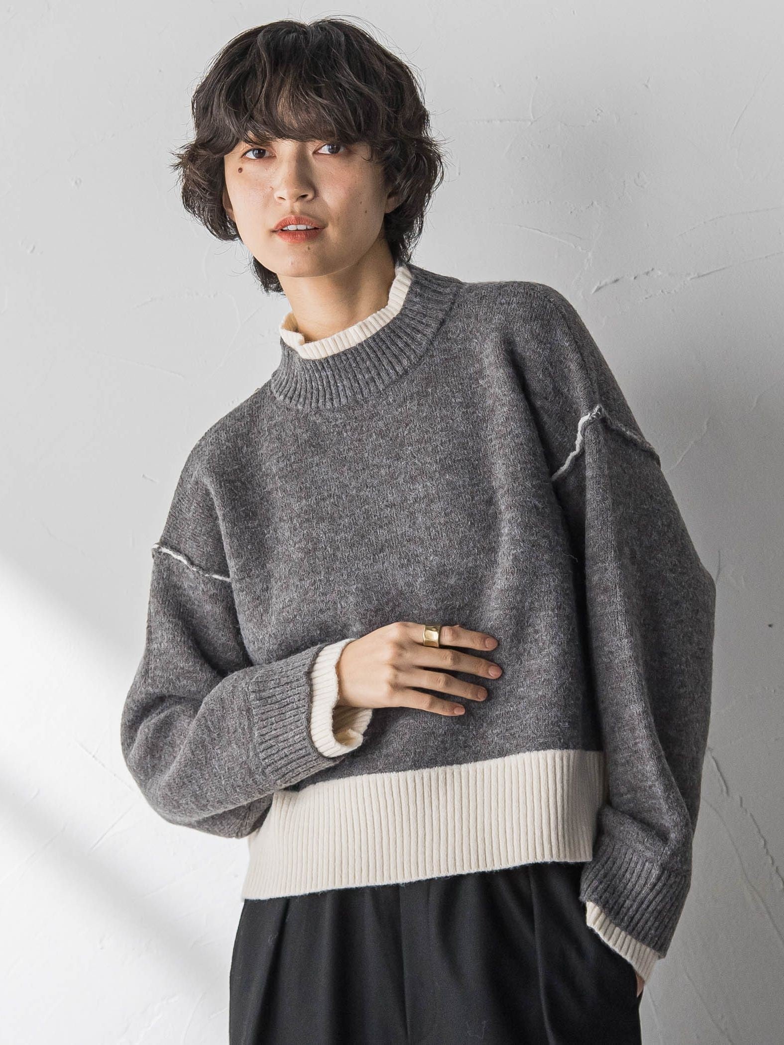 【WEB限定】ハイネック配色ニット≪手洗い可能≫