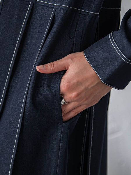 配色ステッチシャンブレーサイドプリーツワンピース≪手洗い可能≫