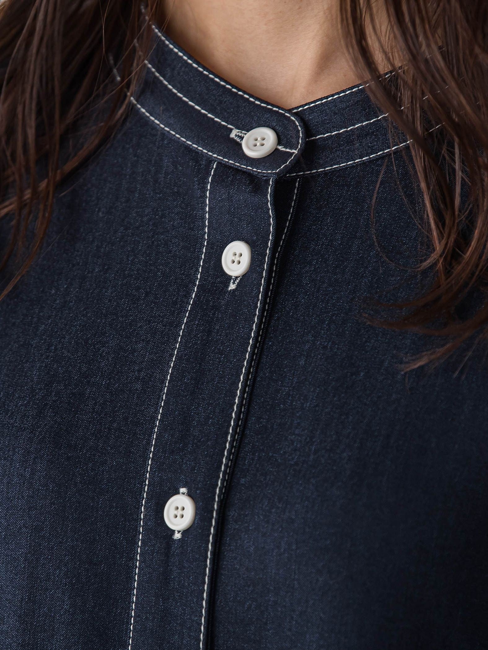 配色ステッチシャンブレーサイドプリーツワンピース≪手洗い可能≫