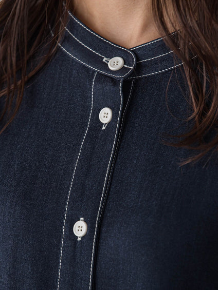 配色ステッチシャンブレーサイドプリーツワンピース≪手洗い可能≫