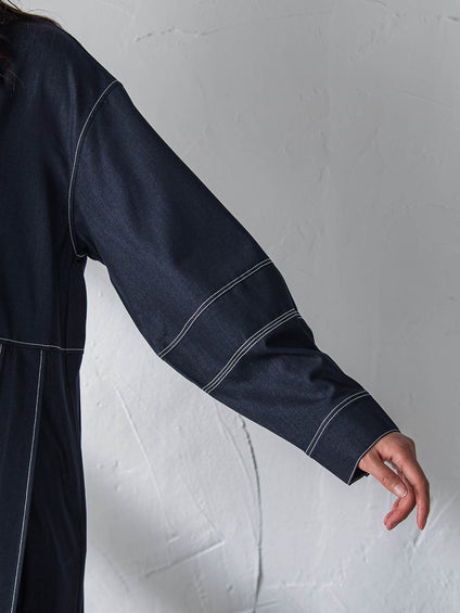 配色ステッチシャンブレーサイドプリーツワンピース≪手洗い可能≫