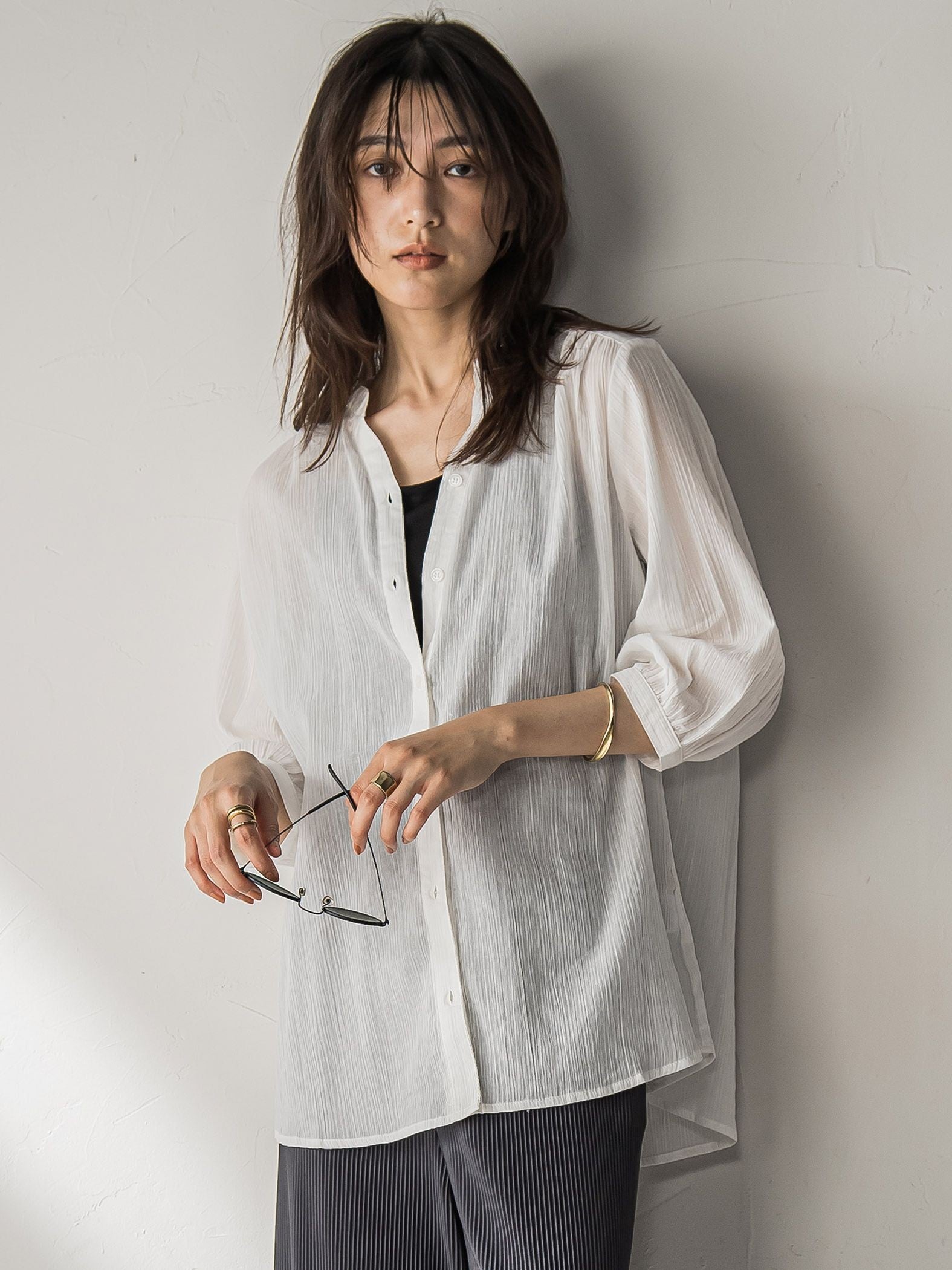 【WEB限定】バンドカラー楊柳7分袖シャツ≪洗濯機で洗える≫