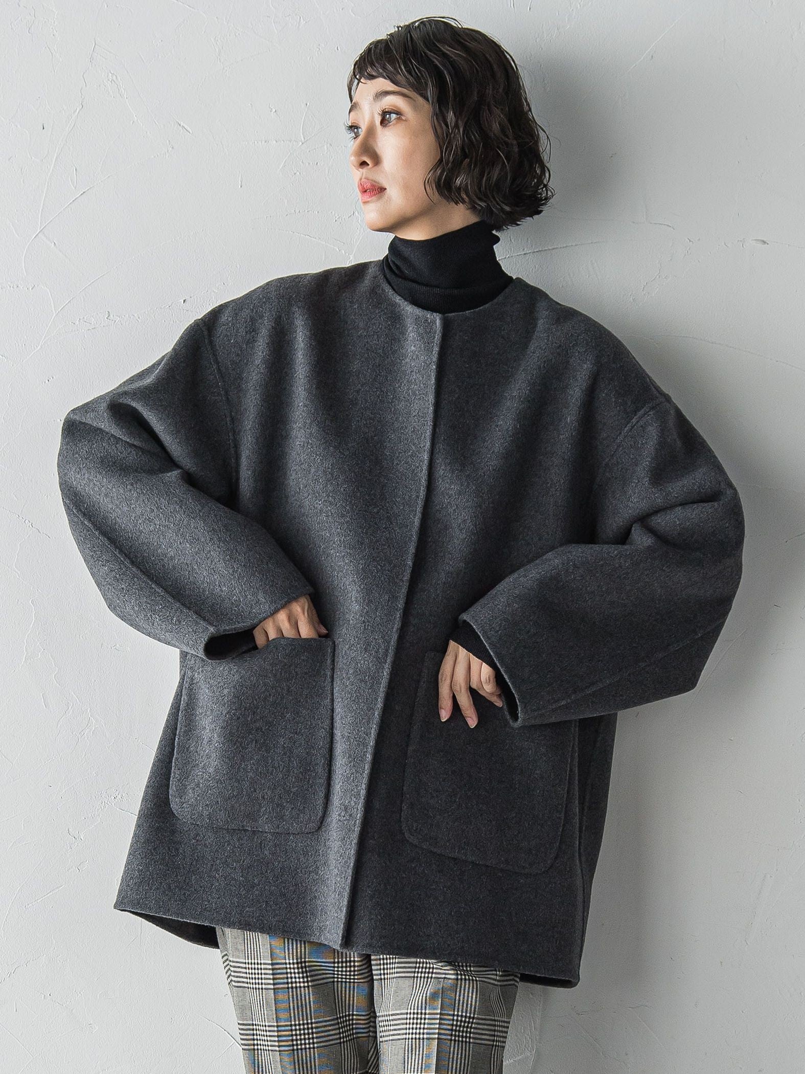 【大きいサイズ】ノーカラーウールリバーコート