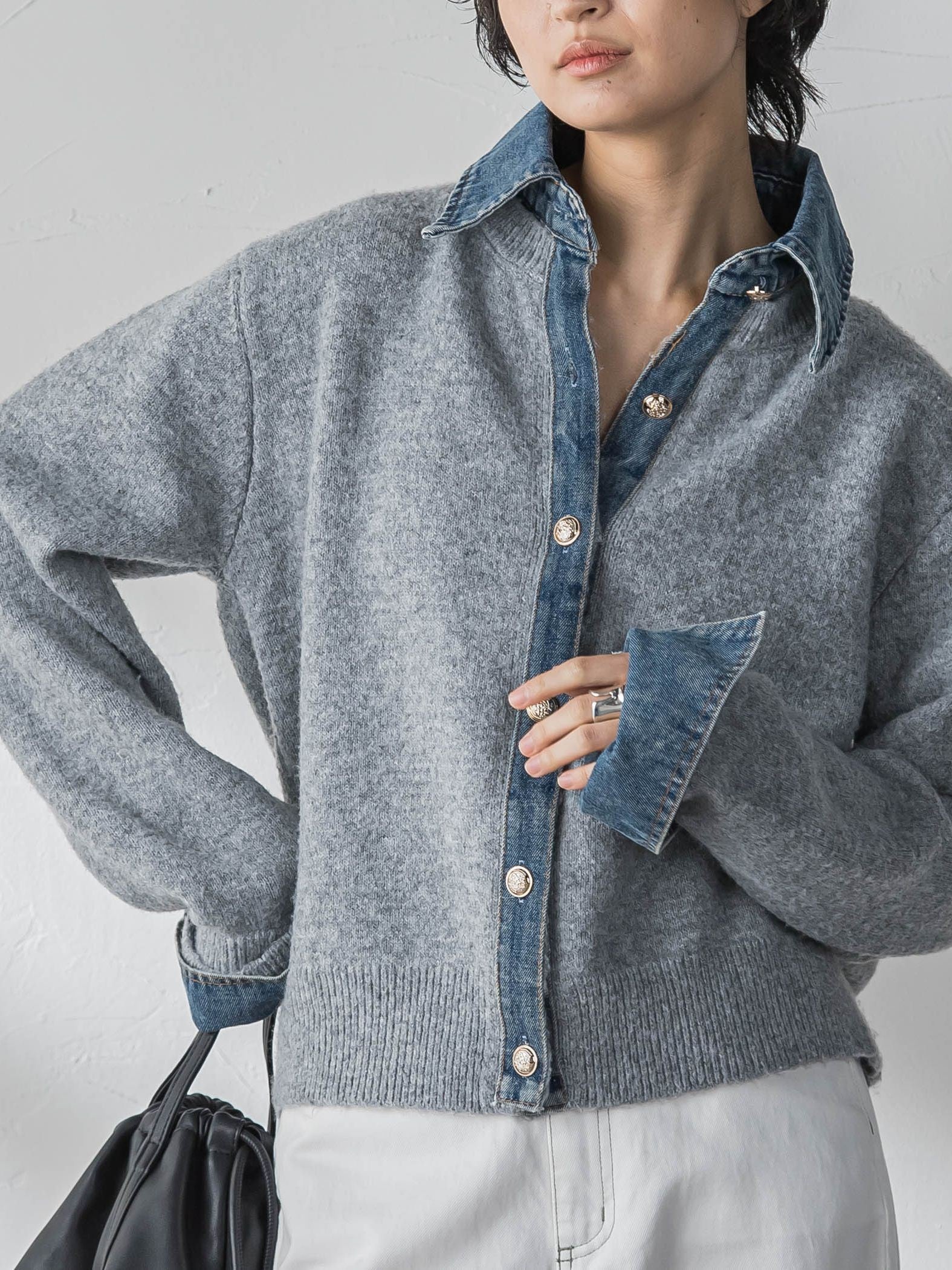 【新色追加】デニムレイヤード風カーディガン≪手洗い可能≫