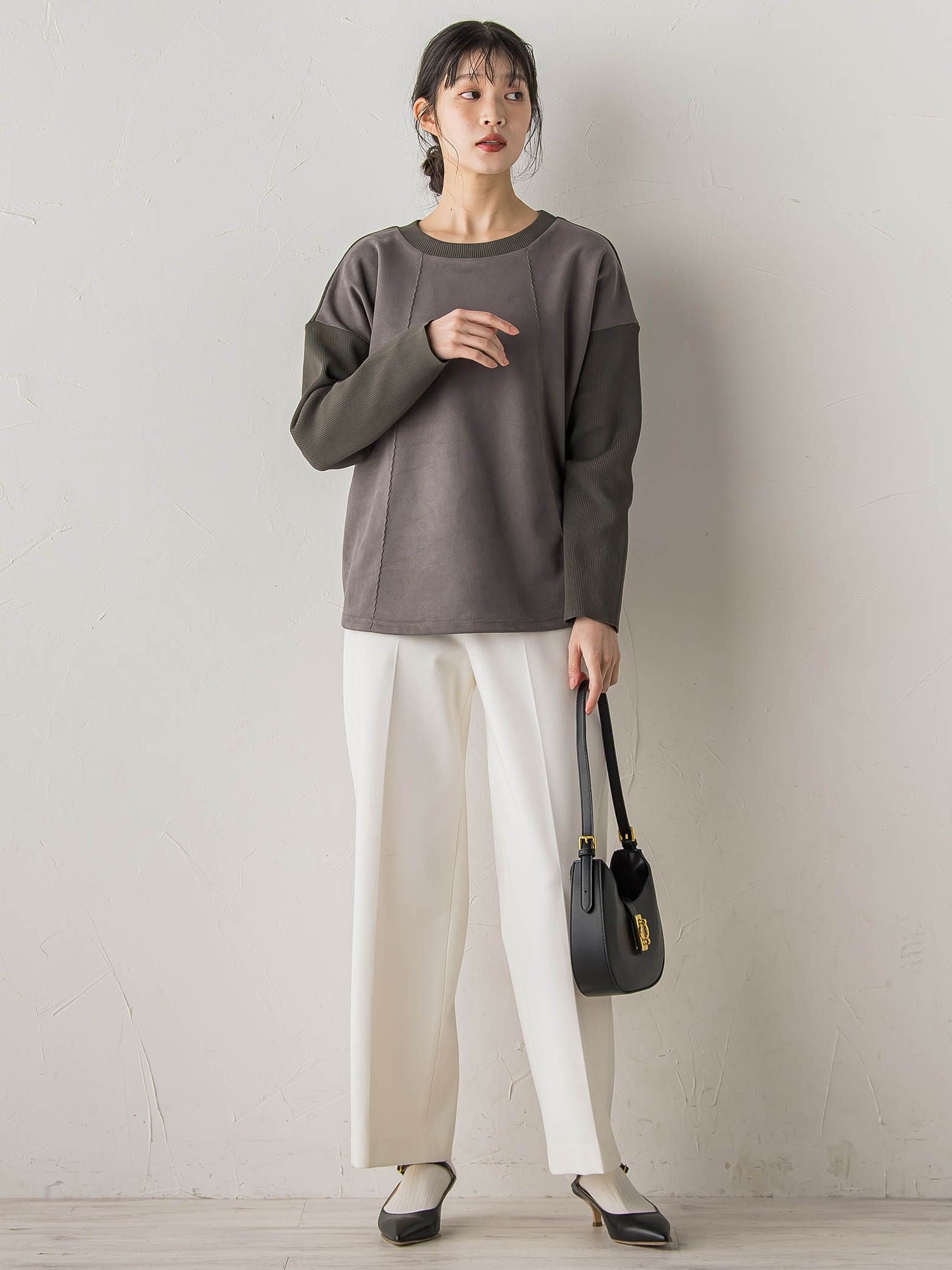 スエード×リブ変形切替えプルオーバー≪手洗い可能≫