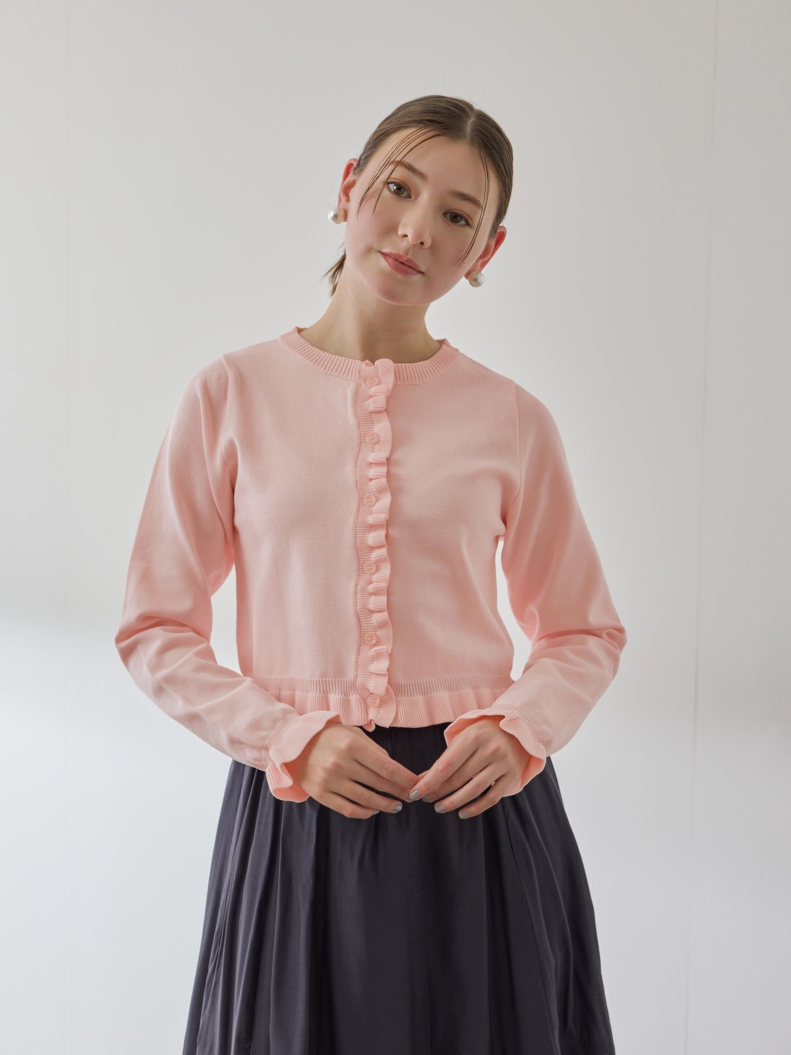 スポンディッシュニットフリルカーディガン≪手洗い可能≫