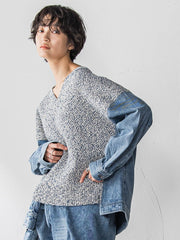 デニムドッキングVネックニットプルオーバー≪洗濯機で洗える≫