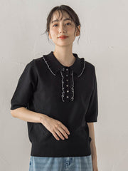 鹿の子編み配色フリルポロニットプルオーバー