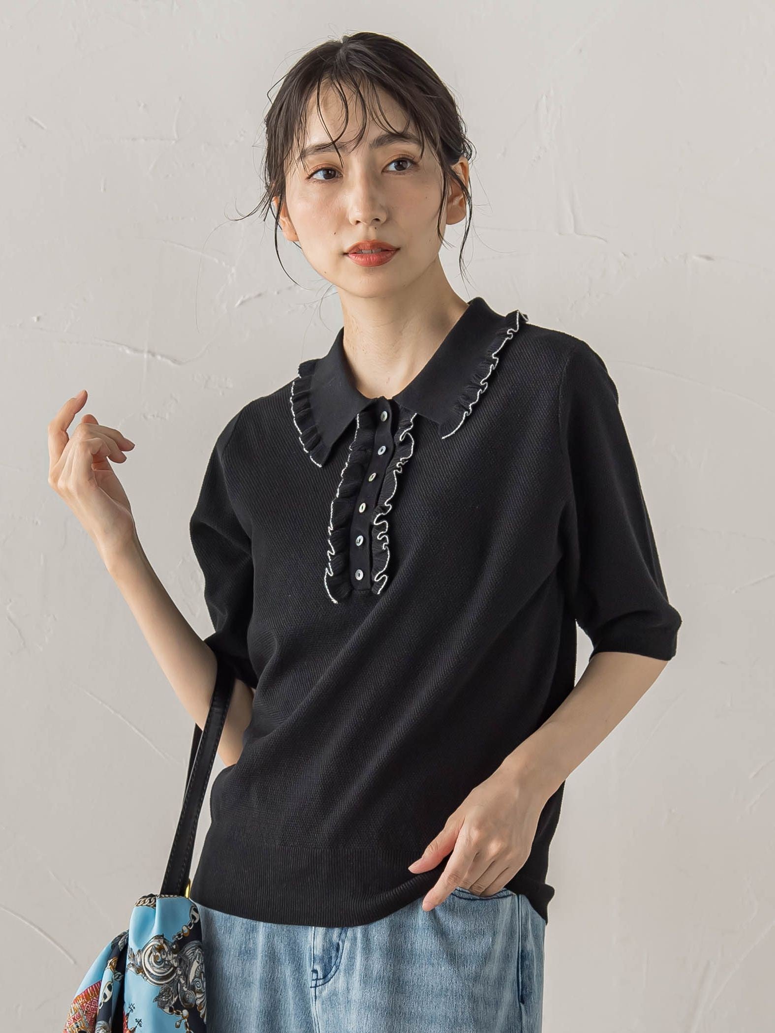 鹿の子編み配色フリルポロニットプルオーバー