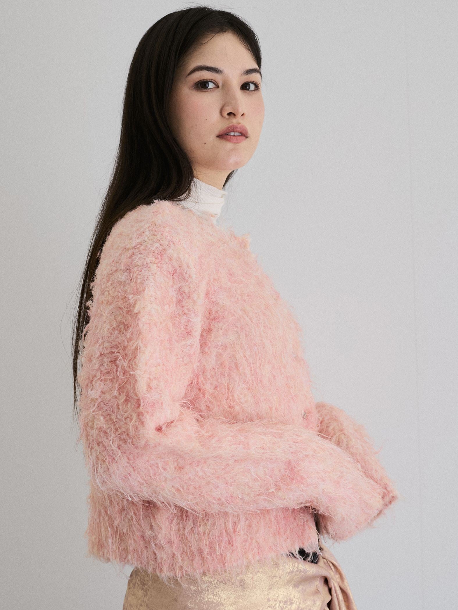 【ENIM BY VICKY】ミックスシャギーニット前後2wayクロップドカーディガン《手洗い可能》