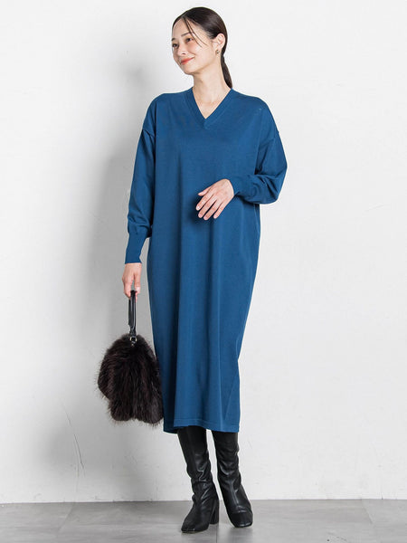 【WEB限定】Vネックニットワンピース≪丈長めあり/手洗い可能≫