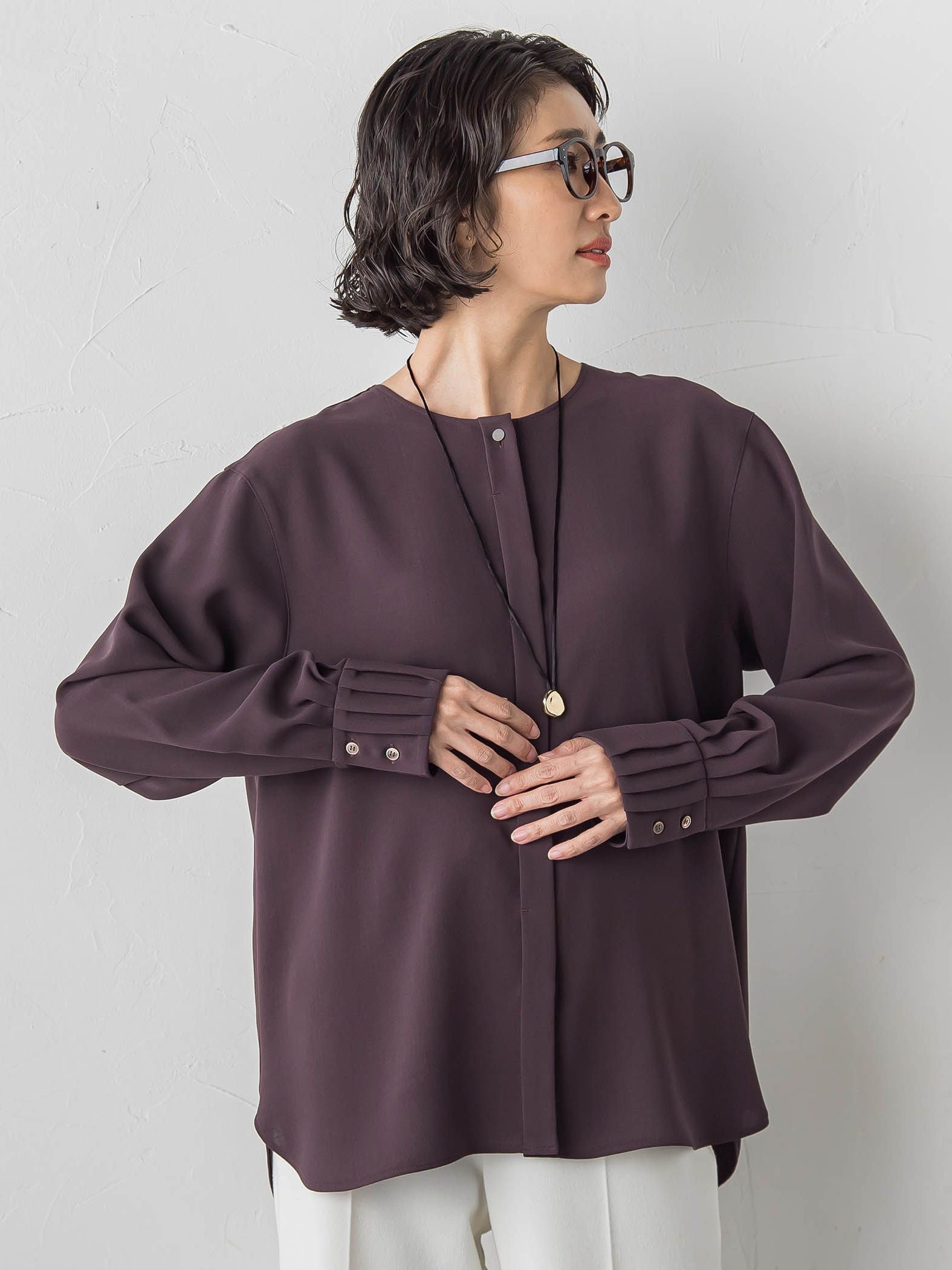 【大きいサイズ】メランジツイルノーカラーブラウス