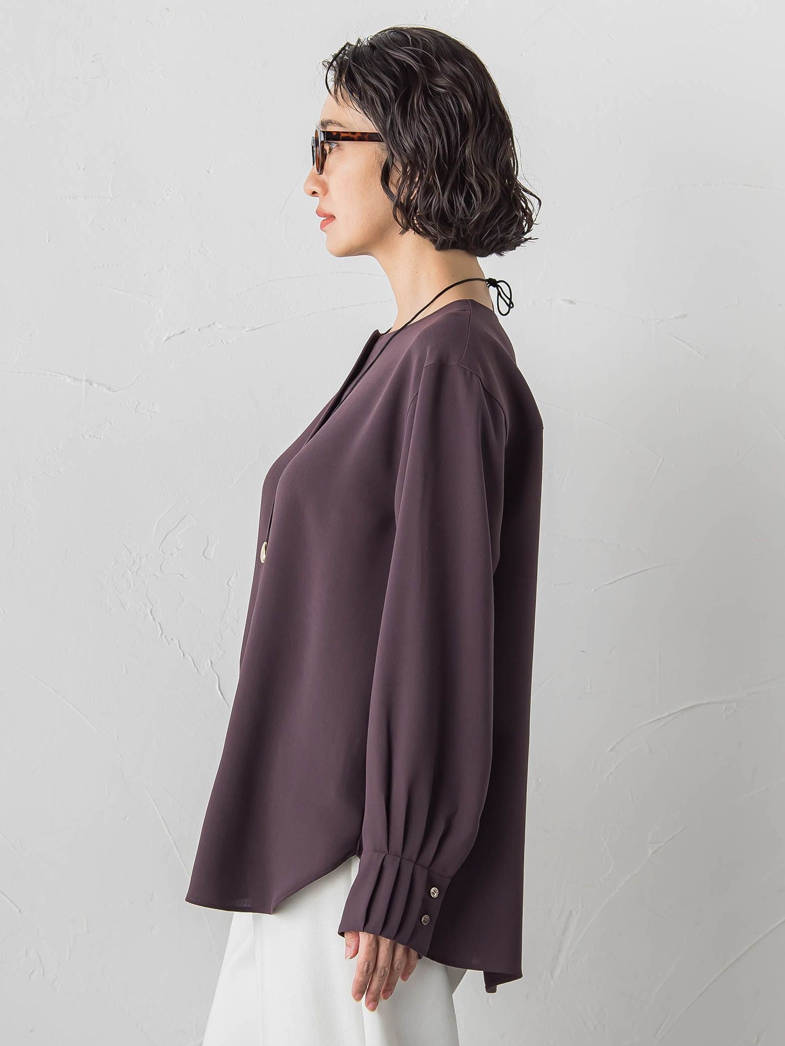 【大きいサイズ】メランジツイルノーカラーブラウス