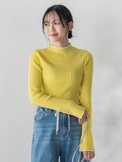 【新色追加】袖ボタンランダムリブニット≪手洗い可能≫