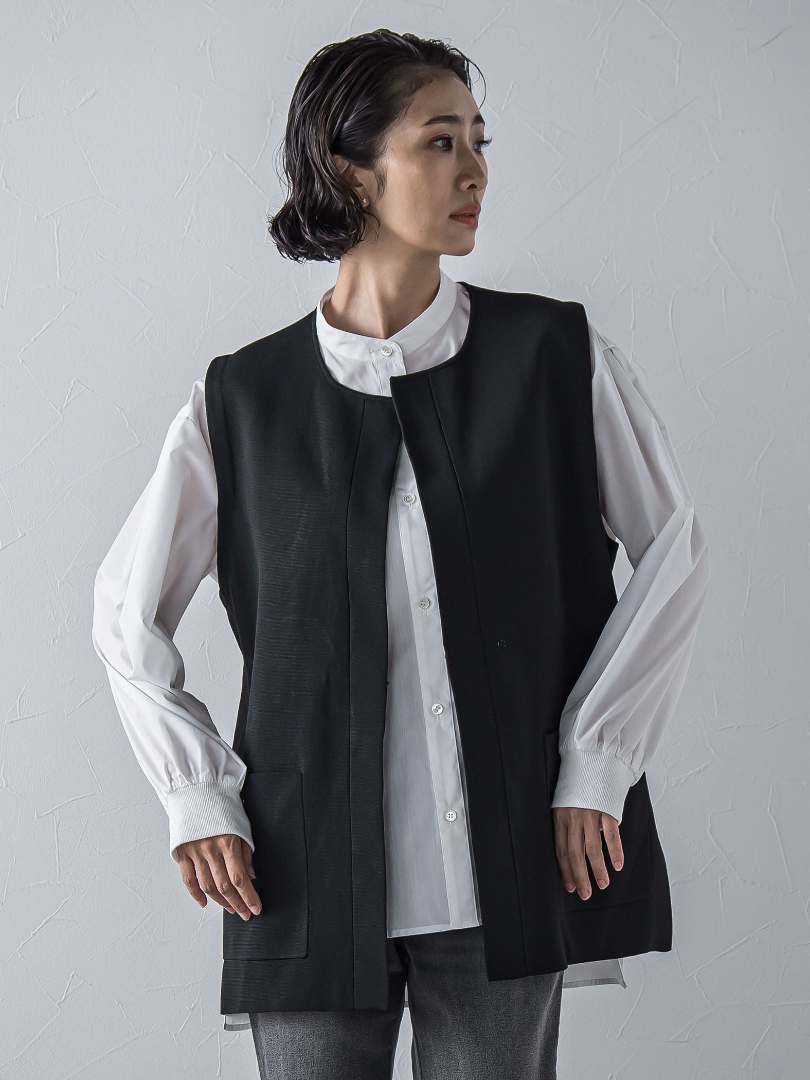 【大きいサイズ】【biyori/極】”こなれ袖がポイント”バンドカラーシャツ