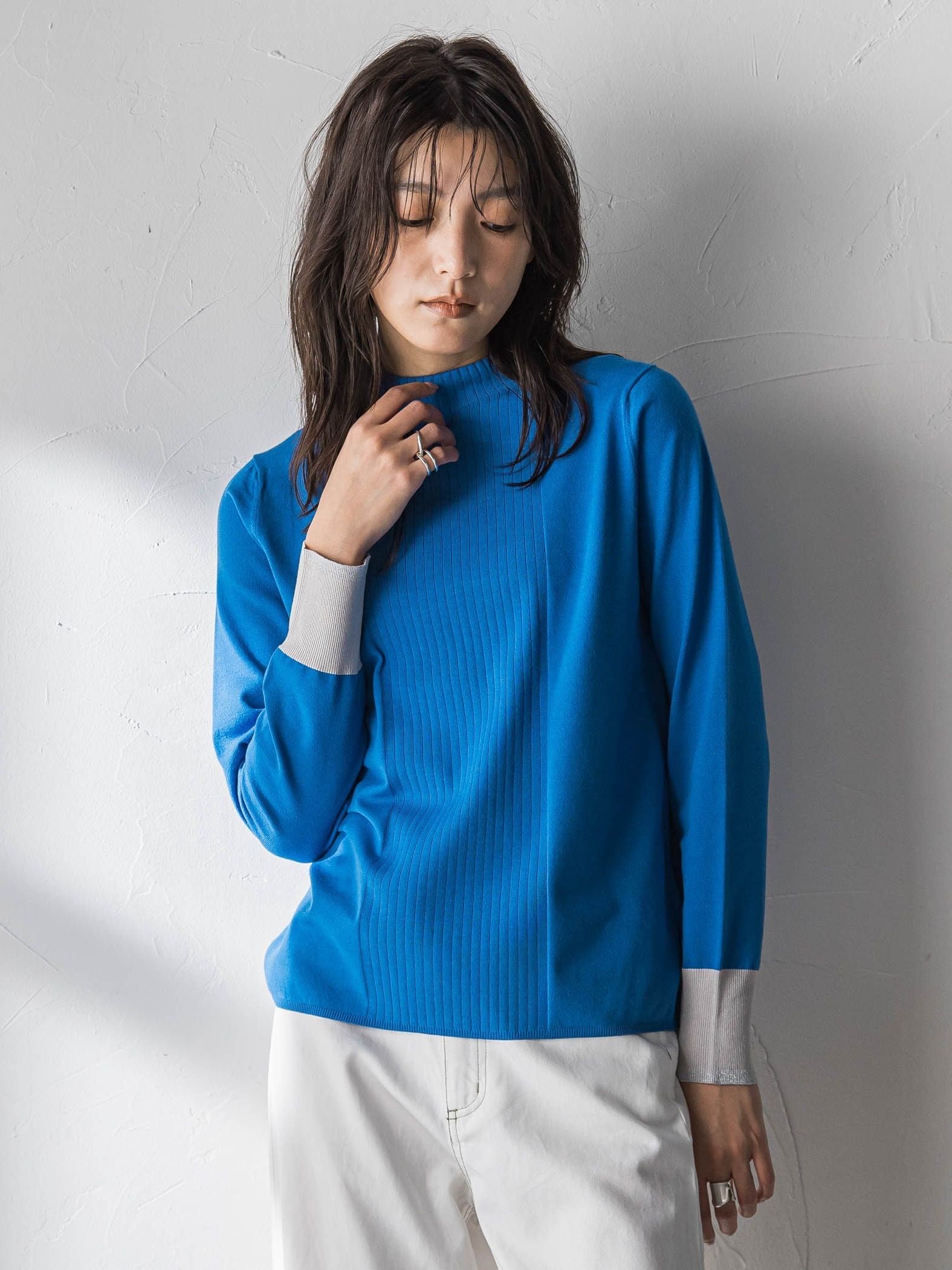 【新色追加】ボトルネック配色ニットプルオーバー≪手洗い可能≫