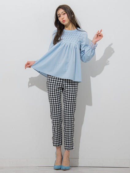 【大きいサイズ】プチパール付きスリットギンガムパンツ