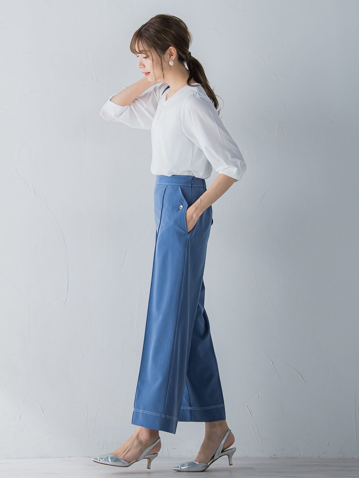 配色ステッチダンガリーストレートパンツ ≪洗濯機で洗える≫