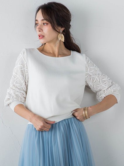 袖レース刺繍ニットプルオーバー≪セットアップ対応≫