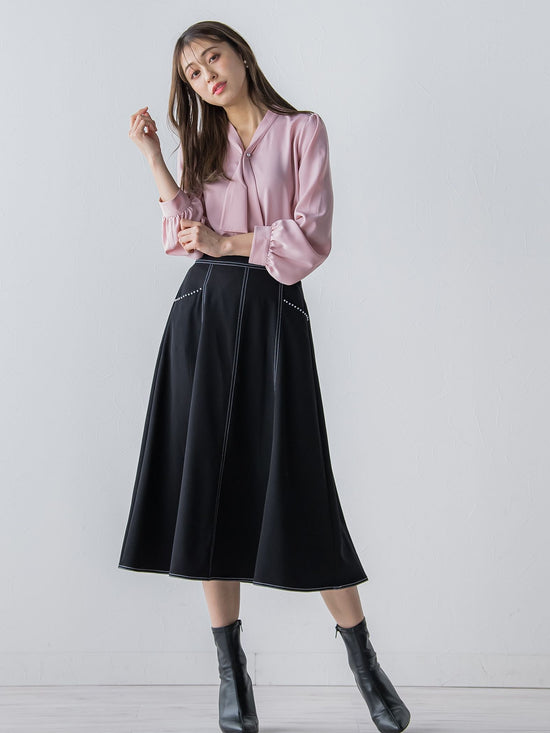 【大きいサイズ】デニムシャンブレーポケットプチパールスカート