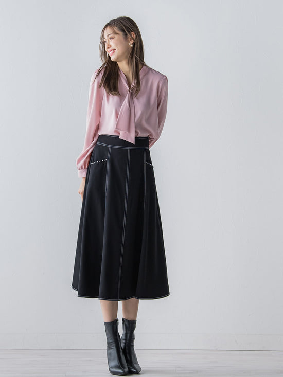 【大きいサイズ】デニムシャンブレーポケットプチパールスカート