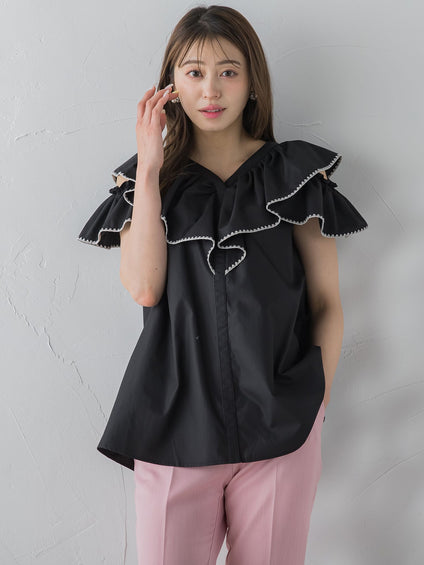 配色刺繍フリルブラウス≪手洗い可能≫