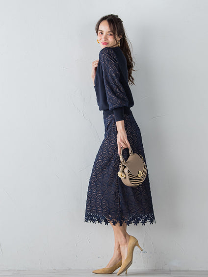 袖レース刺繍ニットプルオーバー≪セットアップ対応≫