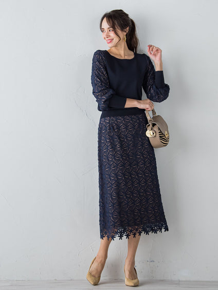 袖レース刺繍ニットプルオーバー≪セットアップ対応≫