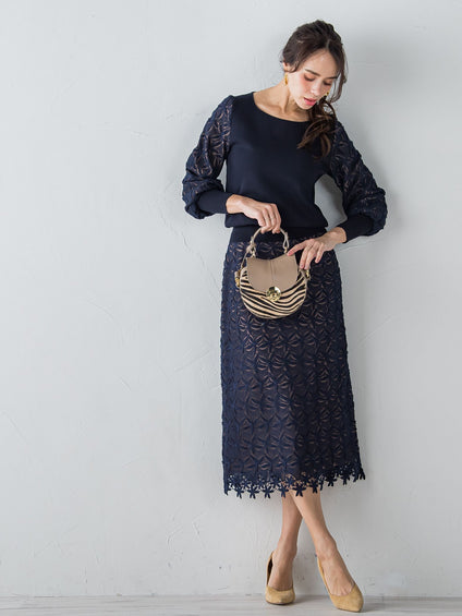 袖レース刺繍ニットプルオーバー≪セットアップ対応≫
